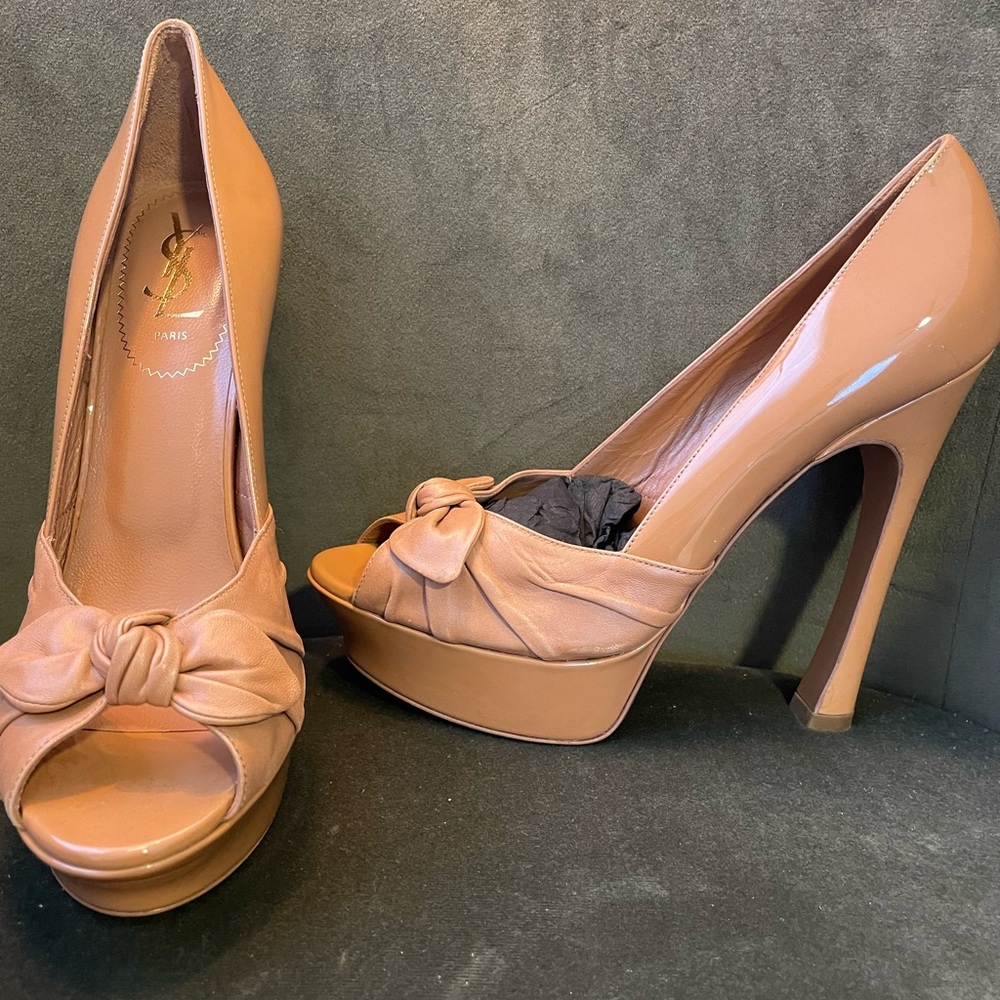 YSL SAINT LAURENT PALAIS NUDE BOW SANDAL HEEL